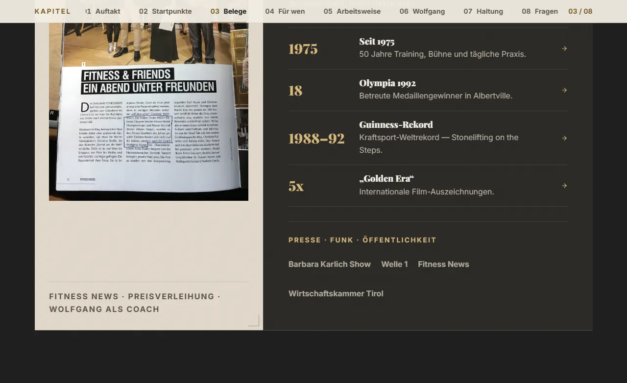 Belegabschnitt der Website von Wolfgang Aigner mit Kapitelnavigation, Jahreszahlen zu Trainingsjahren, Olympia und Weltrekord sowie einem Presseausschnitt.
