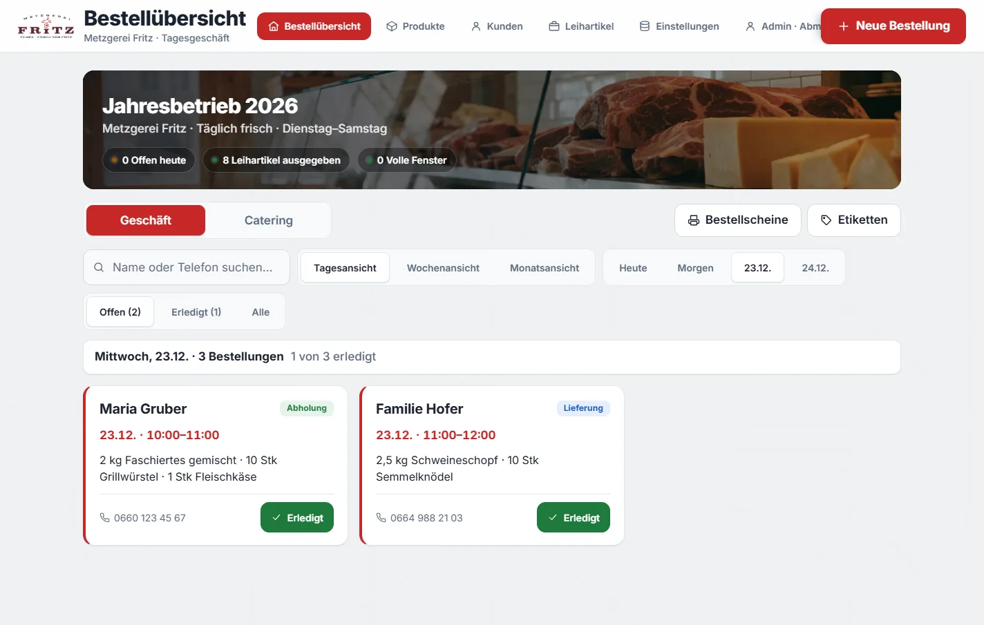 Bestellübersicht der Metzgerei Fritz mit Umschalter für Geschäft und Catering und zwei Bestellkarten des Tages.