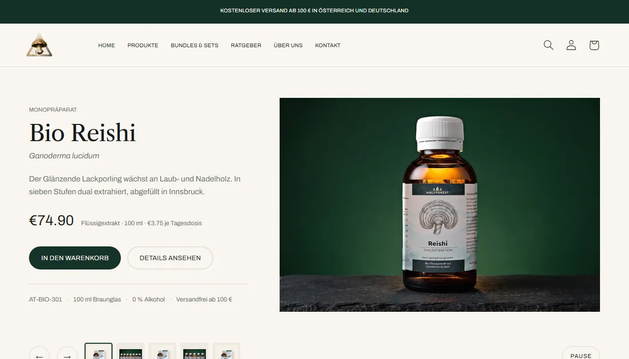 Produktseite des Holy-Forest-Shops mit Bezeichnung, Preis, Tagesdosis und einem Produktfoto der Flasche vor dunkelgruenem Grund.