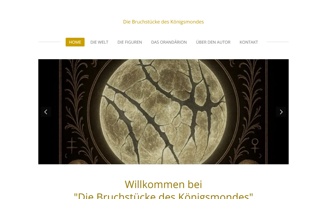 Startseite zum Roman mit der Abbildung eines zersprungenen Mondes in Gold auf dunklem Grund und dem einleitenden Text.