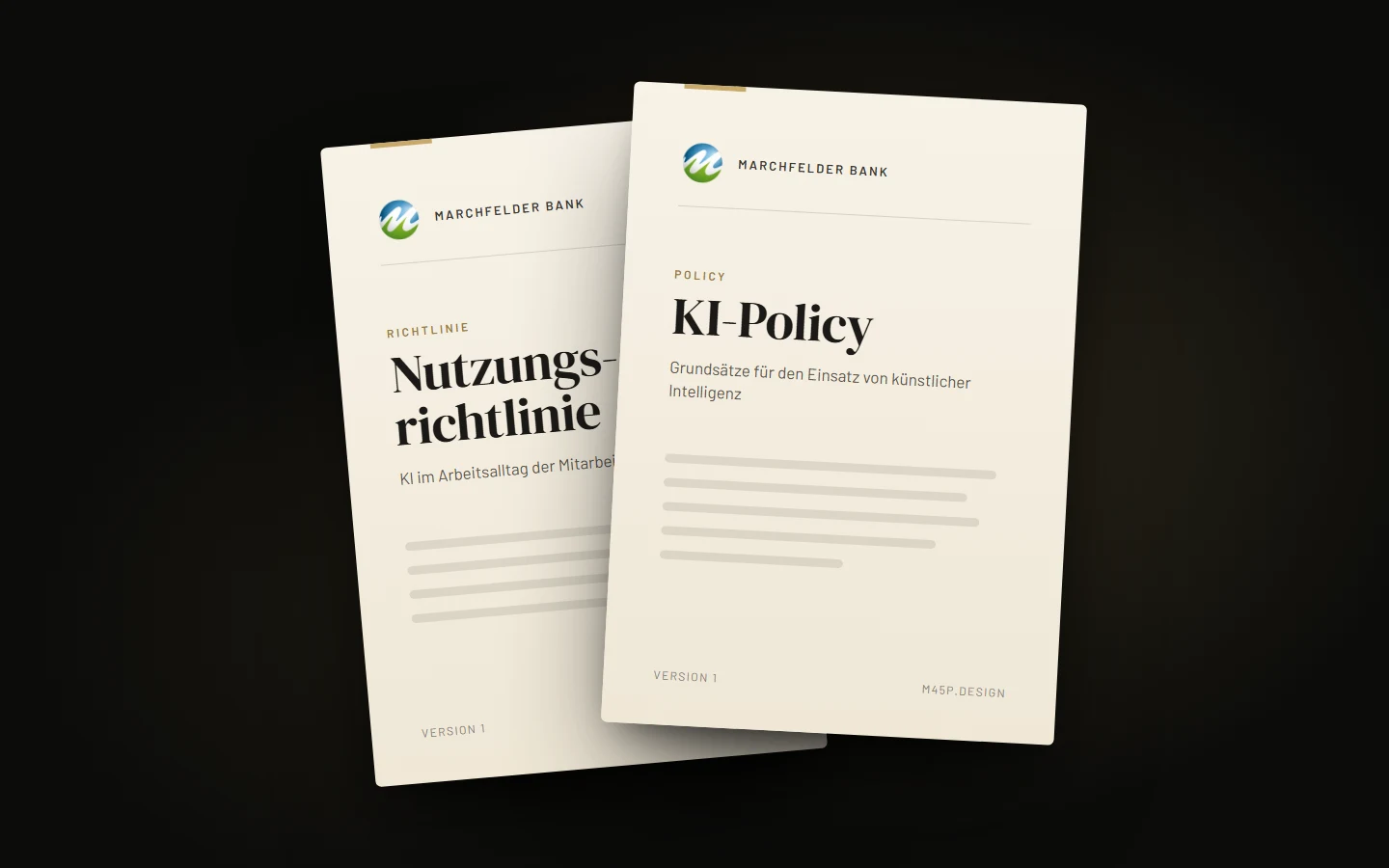 Deckblätter der KI-Policy und der Nutzungsrichtlinie der Marchfelder Bank.